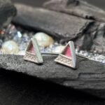 Split Triangle Mother of Pearl Stud Earrings in Rhodium Silver - Image 2