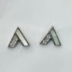 Geometric Chevron Mother of Pearl Stud Earrings in Rhodium Silver