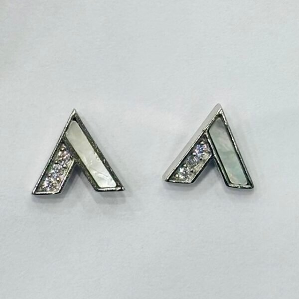 Geometric Chevron Mother of Pearl Stud Earrings in Rhodium Silver