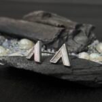 Geometric Chevron Mother of Pearl Stud Earrings in Rhodium Silver - Image 2