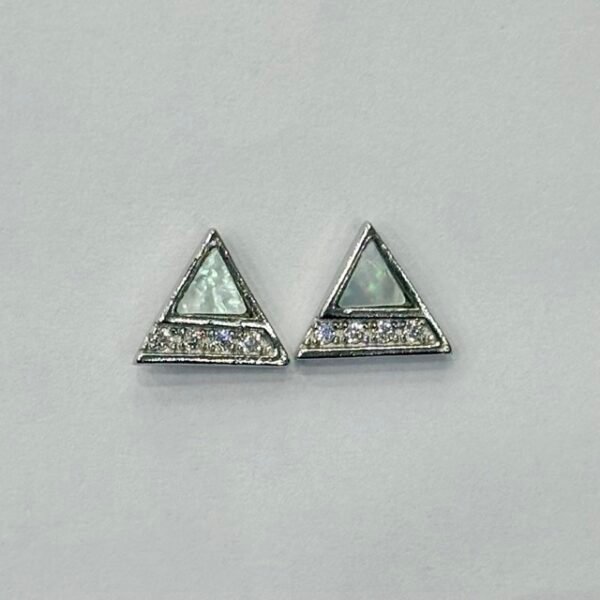 Diagonal Cut Triangle Mother of Pearl Studs in Rhodium Silver