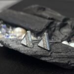 Diagonal Cut Triangle Mother of Pearl Studs in Rhodium Silver - Image 2
