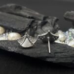 Curved Abstract Shell Mother of Pearl Studs in Rhodium Silver - Image 3