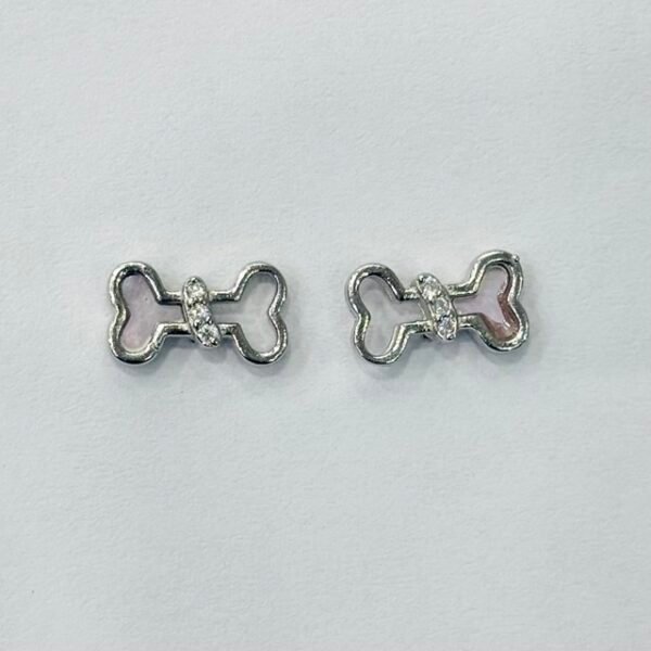 Playful Dog Bone Mother of Pearl Stud Earrings in Rhodium Silver