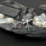 Playful Dog Bone Mother of Pearl Stud Earrings in Rhodium Silver - Image 3