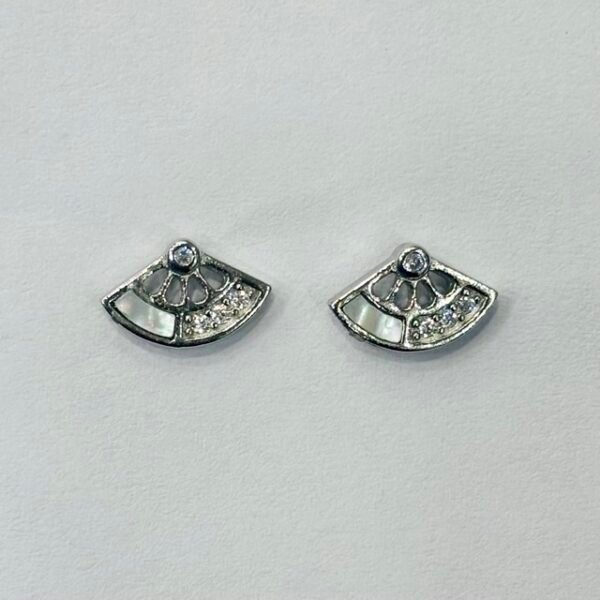 Art Deco Fan Mother of Pearl Stud Earrings in Rhodium Silver