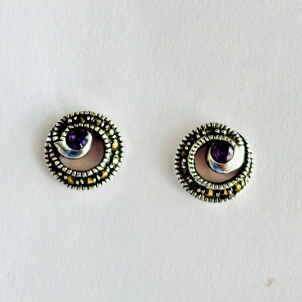 Marcasite Spiral Purple Stone Studs in Rhodium Silver