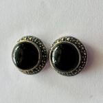Marcasite Oval Black Stone Stud Earrings in Rhodium Silver