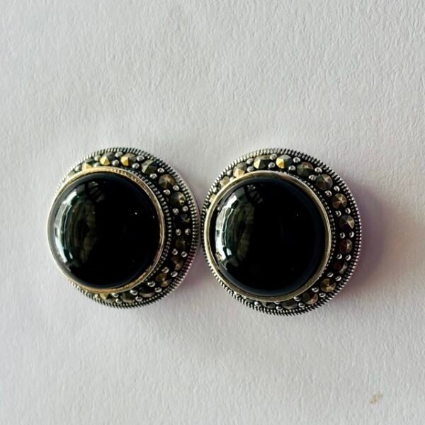Marcasite Oval Black Stone Stud Earrings in Rhodium Silver
