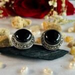 Marcasite Oval Black Stone Stud Earrings in Rhodium Silver - Image 2