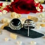 Marcasite Oval Black Stone Stud Earrings in Rhodium Silver - Image 3