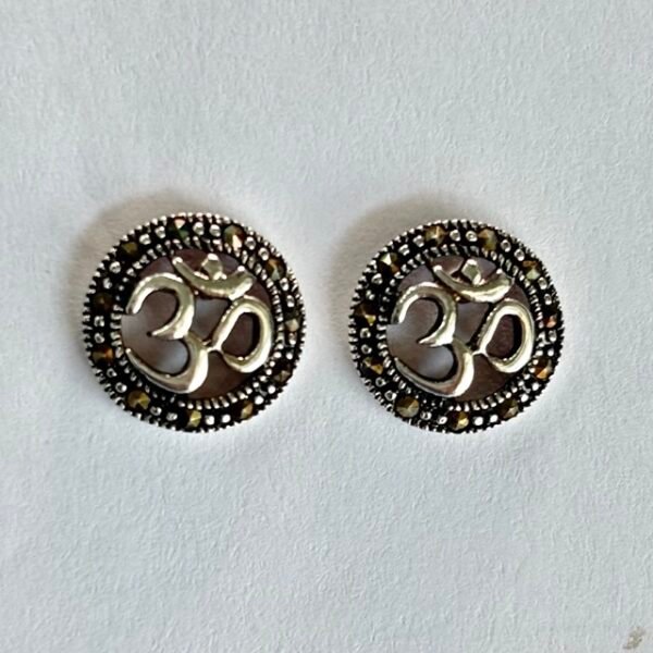 Marcasite Om Symbol Stud Earrings in Rhodium Silver