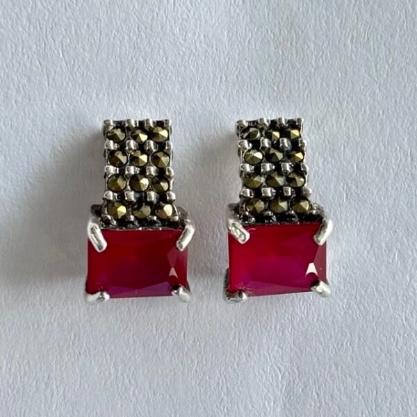 Marcasite Square Red Stone Drop Studs in Rhodium Silver