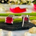 Marcasite Square Red Stone Drop Studs in Rhodium Silver - Image 3