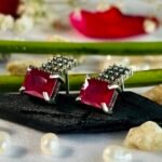 Marcasite Square Red Stone Drop Studs in Rhodium Silver - Image 2