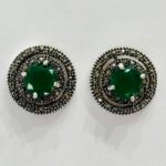 Marcasite Round Green Stone Halo Studs in Rhodium Silver
