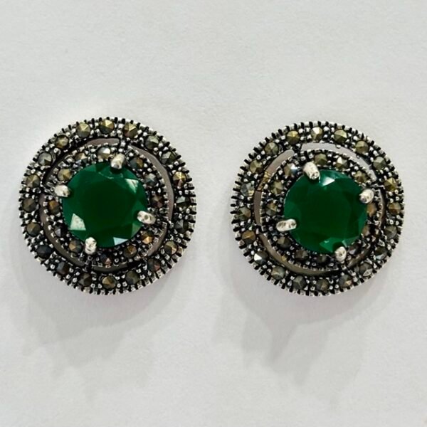 Marcasite Round Green Stone Halo Studs in Rhodium Silver