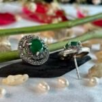 Marcasite Round Green Stone Halo Studs in Rhodium Silver - Image 3