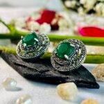 Marcasite Round Green Stone Halo Studs in Rhodium Silver - Image 2
