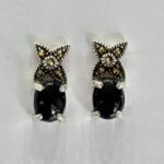 Marcasite Owl Black Stone Stud Earrings in Rhodium Silver