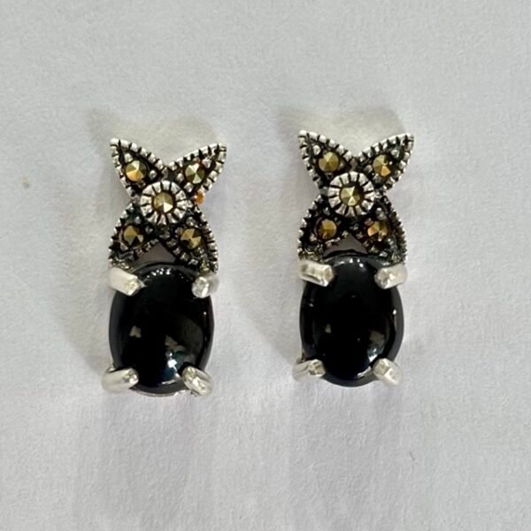 Marcasite Owl Black Stone Stud Earrings in Rhodium Silver