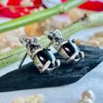 Marcasite Owl Black Stone Stud Earrings in Rhodium Silver - Image 2