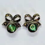 Marcasite Bow Abalone-Style Stud Earrings in Rhodium Silver