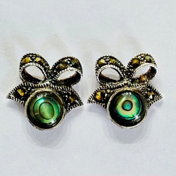 Marcasite Bow Abalone-Style Stud Earrings in Rhodium Silver