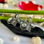 Marcasite Bow Abalone-Style Stud Earrings in Rhodium Silver - Image 2
