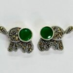 Marcasite Elephant Green Stone Studs in Rhodium Silver