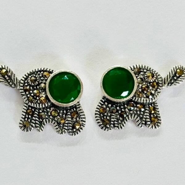 Marcasite Elephant Green Stone Studs in Rhodium Silver