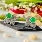 Marcasite Elephant Green Stone Studs in Rhodium Silver - Image 2