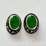Marcasite Oval Green Stone Stud Earrings in Rhodium Silver