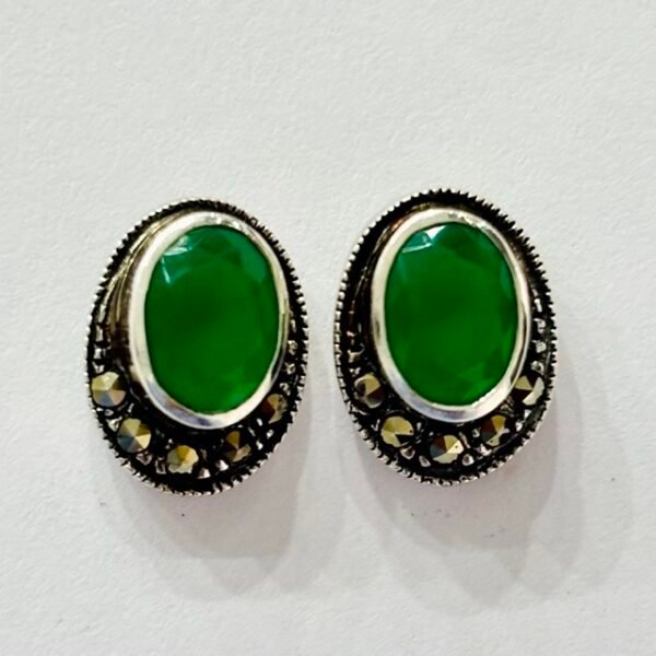 Marcasite Oval Green Stone Stud Earrings in Rhodium Silver
