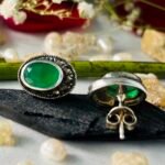 Marcasite Oval Green Stone Stud Earrings in Rhodium Silver - Image 3