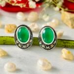 Marcasite Oval Green Stone Stud Earrings in Rhodium Silver - Image 2