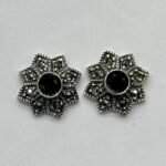 Marcasite Geometric Star Black Stone Studs in Rhodium Silver