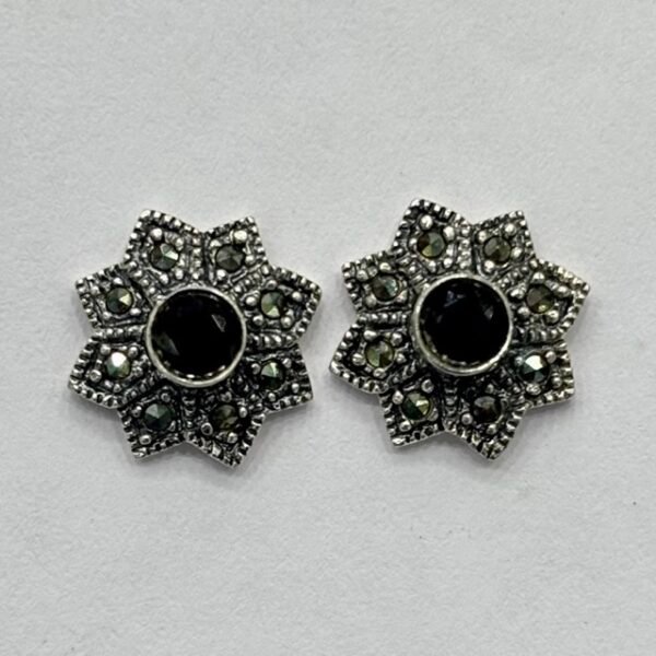 Marcasite Geometric Star Black Stone Studs in Rhodium Silver