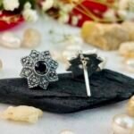 Marcasite Geometric Star Black Stone Studs in Rhodium Silver - Image 3