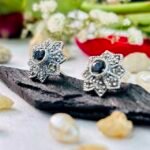 Marcasite Geometric Star Black Stone Studs in Rhodium Silver - Image 2