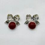 Marcasite Bow Red Stone Stud Earrings in Rhodium Silver
