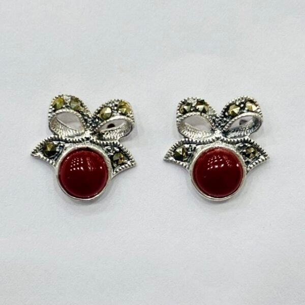 Marcasite Bow Red Stone Stud Earrings in Rhodium Silver