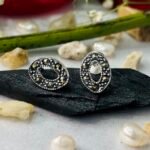 Marcasite Open Oval Cutout Stud Earrings in Rhodium Silver - Image 2