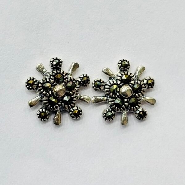 Marcasite Sunburst Pattern Stud Earrings in Rhodium Silver