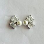Geometric CZ and Pearl Stud Earrings in Rhodium Silver