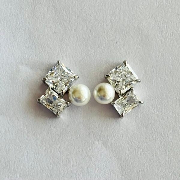 Geometric CZ and Pearl Stud Earrings in Rhodium Silver