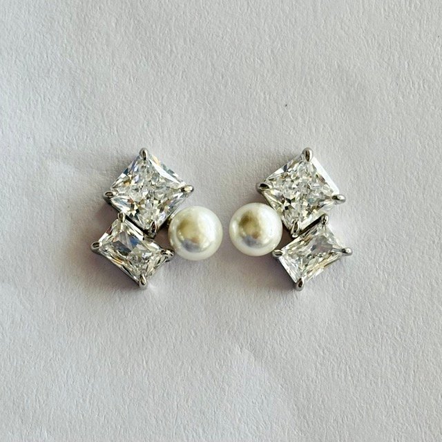 TPS-PE-001-1 Geometric CZ and Pearl Stud Earrings in Rhodium Silver - Image 1