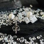 Geometric CZ and Pearl Stud Earrings in Rhodium Silver - Image 3