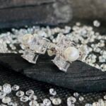 Geometric CZ and Pearl Stud Earrings in Rhodium Silver - Image 2