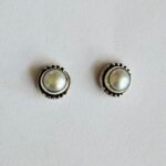 Textured Bezel Pearl Stud Earrings in Rhodium Silver